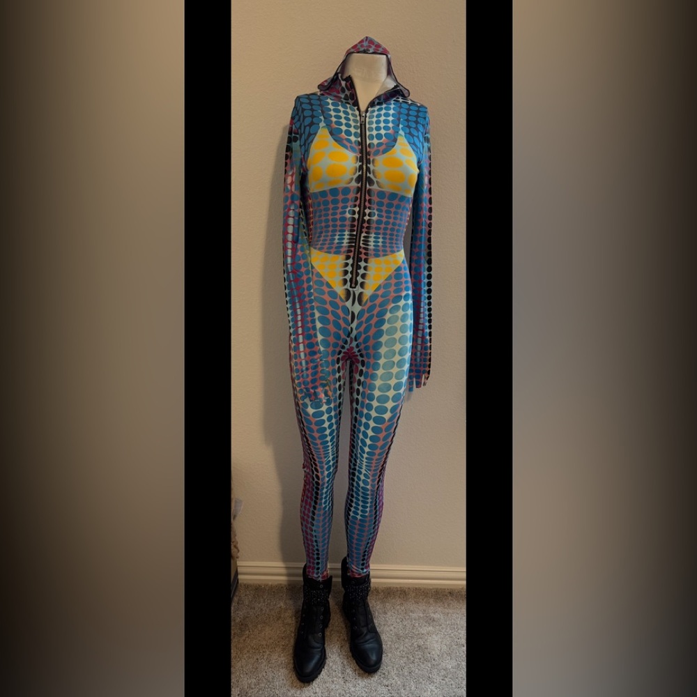 Bodysuit High Neck Hooded Jumpsuit  - Blue w/ multi color
/ Colorful Geometric